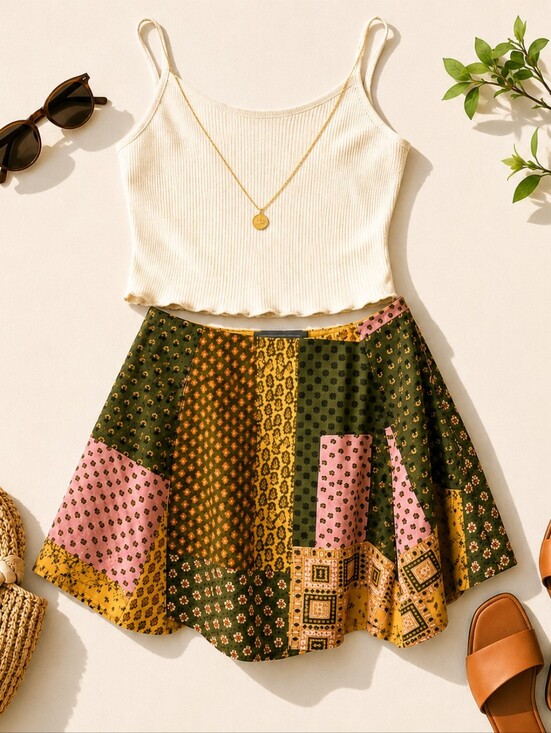 Urban Outfitters Dresses & Skirts - 🩵 Urban Outfitters Patchwork Print Mini Skirt | Boho Cottagecore Skater Skirt